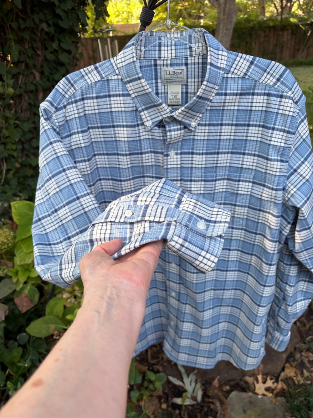 L.L. Bean Men’s Light Blue and White Plaid Button-Down Shirt